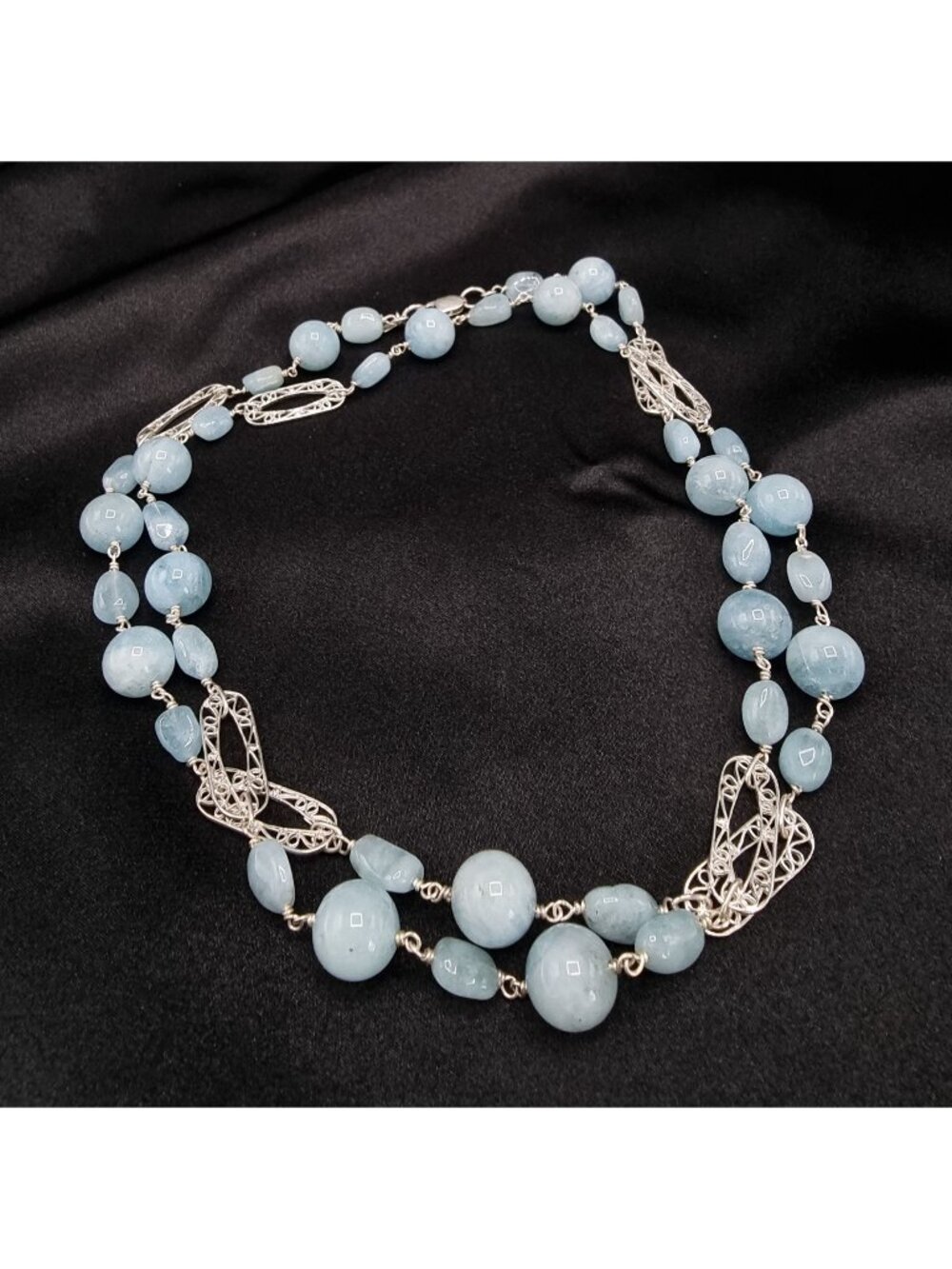 925 Sterling Silver Aquamarine Beaded Necklace Signed BJ China